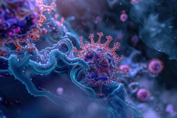 Virus particles in detailed 3D illustration on microscopic level. Science and medicine.