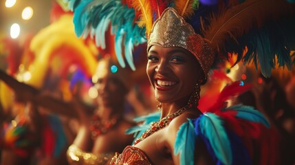 Dancers in feathered attire move to the infectious beats of samba