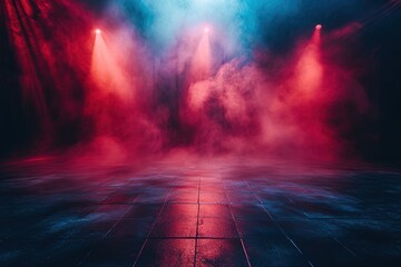 frontal photo of stage floor in dark room, red lights, mist, Cinematic, Photoshoot, Shot on 65mm lens, Shutter Speed 1 4000, F 1.8 White Balance, 32k, Super-Resolution, Pro Photo RGB, Half rear Lighti - obrazy, fototapety, plakaty