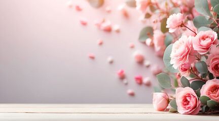 Beautiful pink roses and eucalyptus branches on wooden background