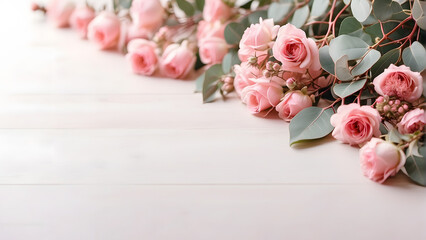 Beautiful pink roses on white wooden table, flat lay. Space for text