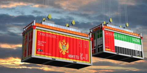 Shipping containers with flags of Montenegro and United Arab Emirates - 3D illustration