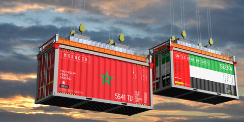 Shipping containers with flags of Morocco and United Arab Emirates - 3D illustration