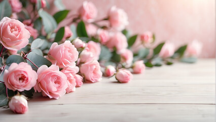 Pink roses and eucalyptus branches on a white wooden background