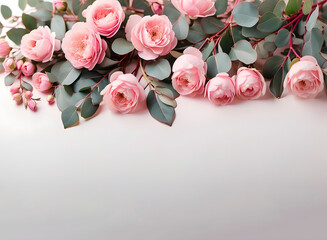 Pink roses and eucalyptus branches on a white background