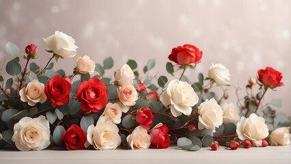 Beautiful bouquet of white and red roses on a light background