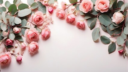 Flowers composition. Frame made of pink roses, eucalyptus branches on white background. Flat lay, top view, copy space