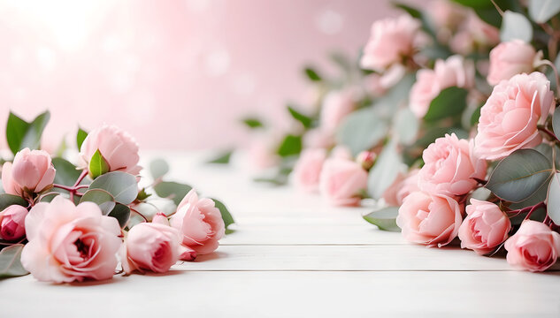 Beautiful pink roses on a white wooden background with copy space.