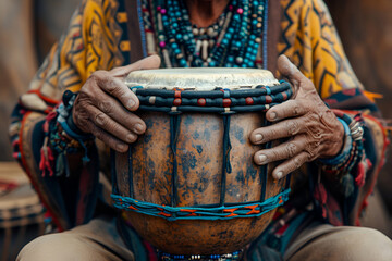 A close-up image of an African man playing the drum