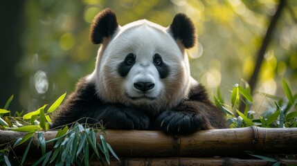 A fluffy giant panda lounges on lush bamboo shoots, its fur contrasting starkly with the greenery