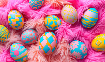 Fototapeta na wymiar decorative easter eggs with vibrant risograph-style prints on a dynamic pastel feather , flat lay 