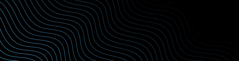 Abstract background with waves for banner. Web banner size. Vector background with lines. Element for design isolated on black. Blue and black gradient. Night, dark, water, ocean