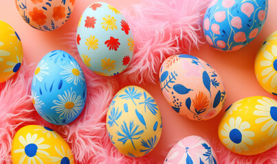 Fototapeta na wymiar decorative easter eggs with vibrant risograph-style prints on a dynamic pastel feather , flat lay 