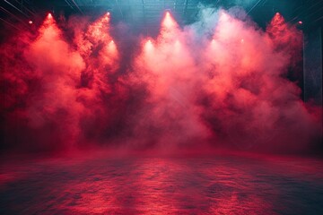 immerse yourself in an ethereal world: empty dark stage transformed with mist, fog, and red smoke, perfect for showcasing artistic works and products.