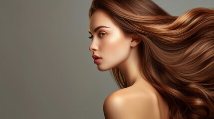 profile portrait of a woman with flowing, wavy brown hair, showcasing a natural makeup look and healthy, radiant skin. - obrazy, fototapety, plakaty