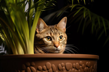 Cat sitting near houseplant at home