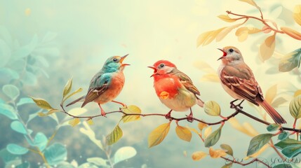 Fototapeta premium cute birds i with microphone on the tree singing songs.,spring concept