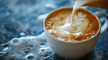 A tranquil scene of milk being poured into a cup of coffee, blending together with elegance - obrazy, fototapety, plakaty