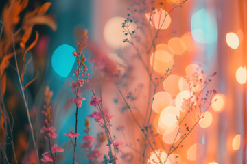 Macro analog photography with bokeh, dreamy atmosphere within a festively adorned home interior, featuring bursts of colorful flowers in pink, orange, blue, and black hues.