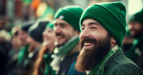 Joyful bearded man wearing a green hat celebrating Saint Patrick's day event