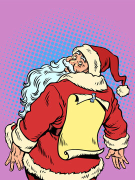 The approaching Christmas holidays come unexpectedly. Santa Claus looks at his back. The upcoming New Year is amazing. Pop Art Retro