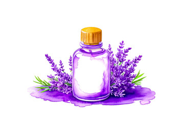Obraz na płótnie Canvas Bottle of essential oil and lavender flowers isolated on white background, copy space for text. Lavender spa. For aromatherapy, alternative medicine or perfumery, naturopathy