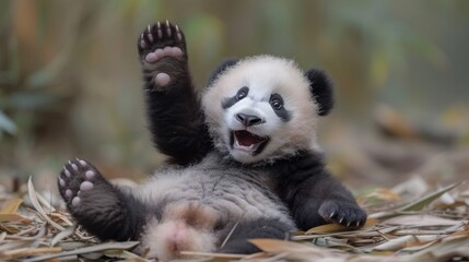 A panda cub tumbles and rolls in the playful innocence of youth