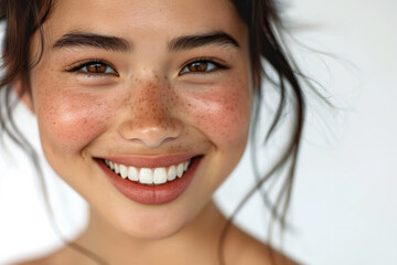Confident young woman with freckles smiling. Natural beauty and confidence.
