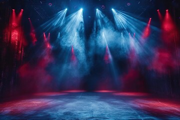 immerse yourself in an ethereal world: empty dark stage transformed with mist, fog, and red spotlights, perfect for showcasing artistic works and products. - obrazy, fototapety, plakaty