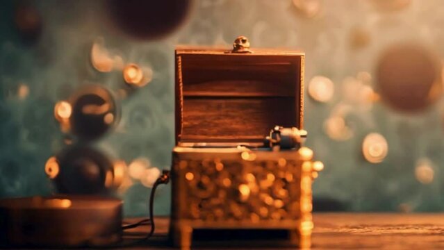 vintage wooden small music box with blurry background