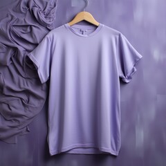 Lilac t shirt is seen against a gray wall
