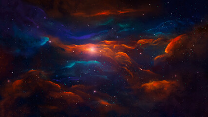 Space background. Colorful blue and orange nebula with star field. Digital painting