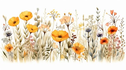 Obraz na płótnie Canvas A beautiful watercolor of a seamless pattern with wildflowers, a field full of yellow and orange flowers in the springtime, a border on a white background