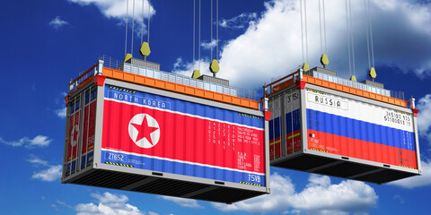 Shipping containers with flags of North Korea and Russia - 3D illustration - obrazy, fototapety, plakaty