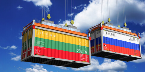 Shipping containers with flags of Lithuania and Russia - 3D illustration