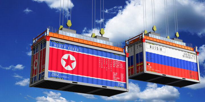 Shipping containers with flags of North Korea and Russia - 3D illustration