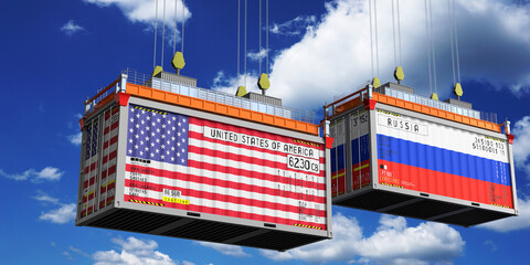 Shipping containers with flags of the USA and Russia - 3D illustration