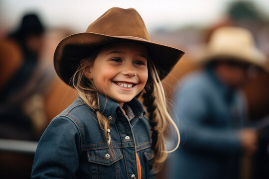 Smiling young girl in cowboy hat enjoying day at ranch. Childhood joy and adventure.