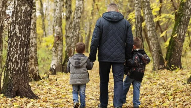 Man strolls through autumn forest holding hands of two sons, slow motion