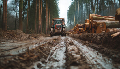 Logging industry everyday routine: heavy machinery - tracks and tractors cutting, transporting huge...