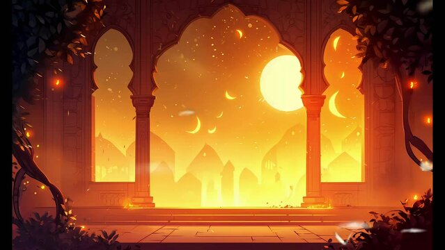 vector background with mosques and minarets to the holiday Mubarak, footage 4K Generated ai