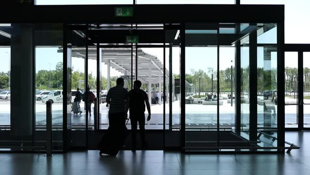  (slow motion) Automatic doors in modern airport in Zagreb. Opened in March 2017