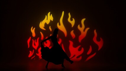 Woman silhouette dancing on fire background. Female in flamenco style dress performs elegant spanish dance moves with her hands and body in the studio.