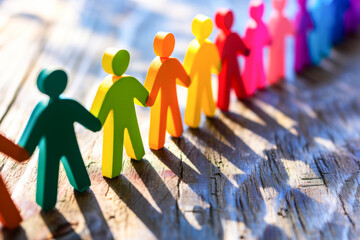 Teamwork concept. Group of colorful paper people on wooden background.