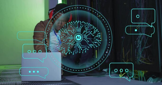 Animation of human brain ai data processing over african american man using lapt