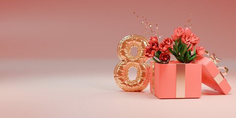 Women's Day background with 3d 8 number and flowers. 3d render.