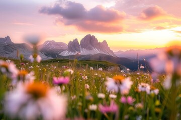 Embracing the Magnificent Sunset Over Giau Pass, a High Mountain Pass in the Breathtaking Dolomites of Belluno, Italy. A Mountainous Tapestry Enriched by Blurred Flowers in the Foreground generativeai