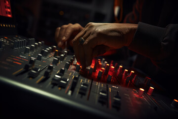 Sound engineer adjusting audio mixer in recording studio. Music production.