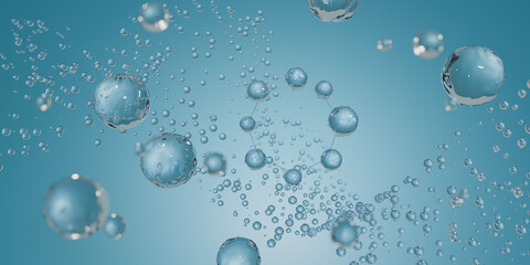 Cosmetic Essence, Liquid bubble, Molecule inside Liquid Bubble on water background, 3d render