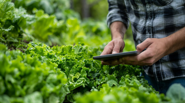 Man Holding Cell Phone in Lettuce Field